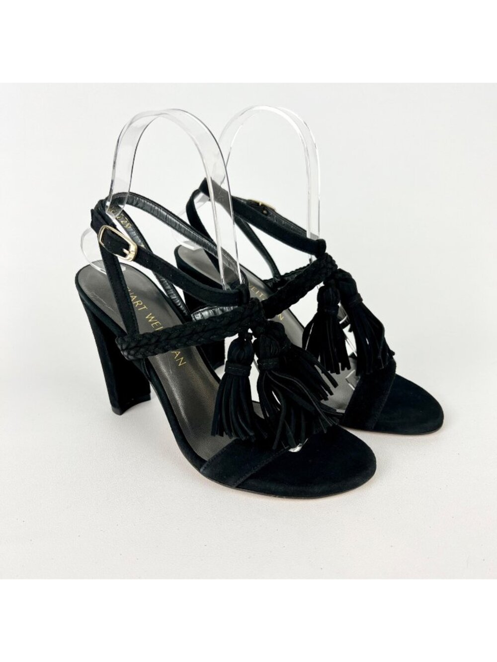 Stuart Weitzman Womens Braided Black Suede Strappy Sandal Heels Tassel size 6
